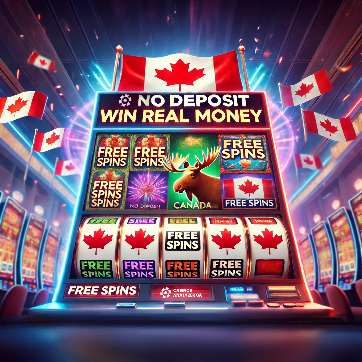 Slot machine displaying Free Spins No Deposit Win Real Money with Canadian visuals