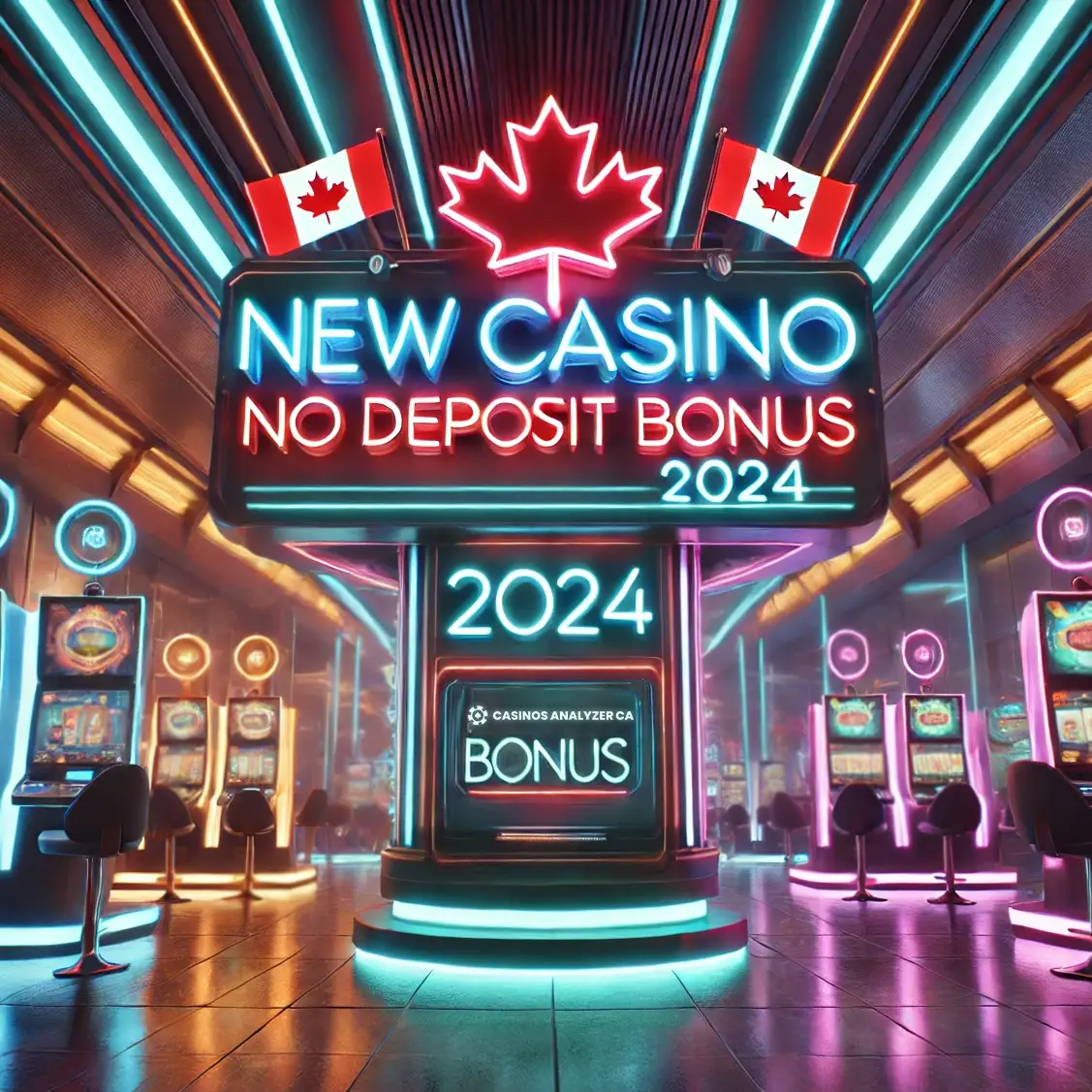 Neon sign promoting New Casino No Deposit Bonus 2024 in futuristic Canadian casino