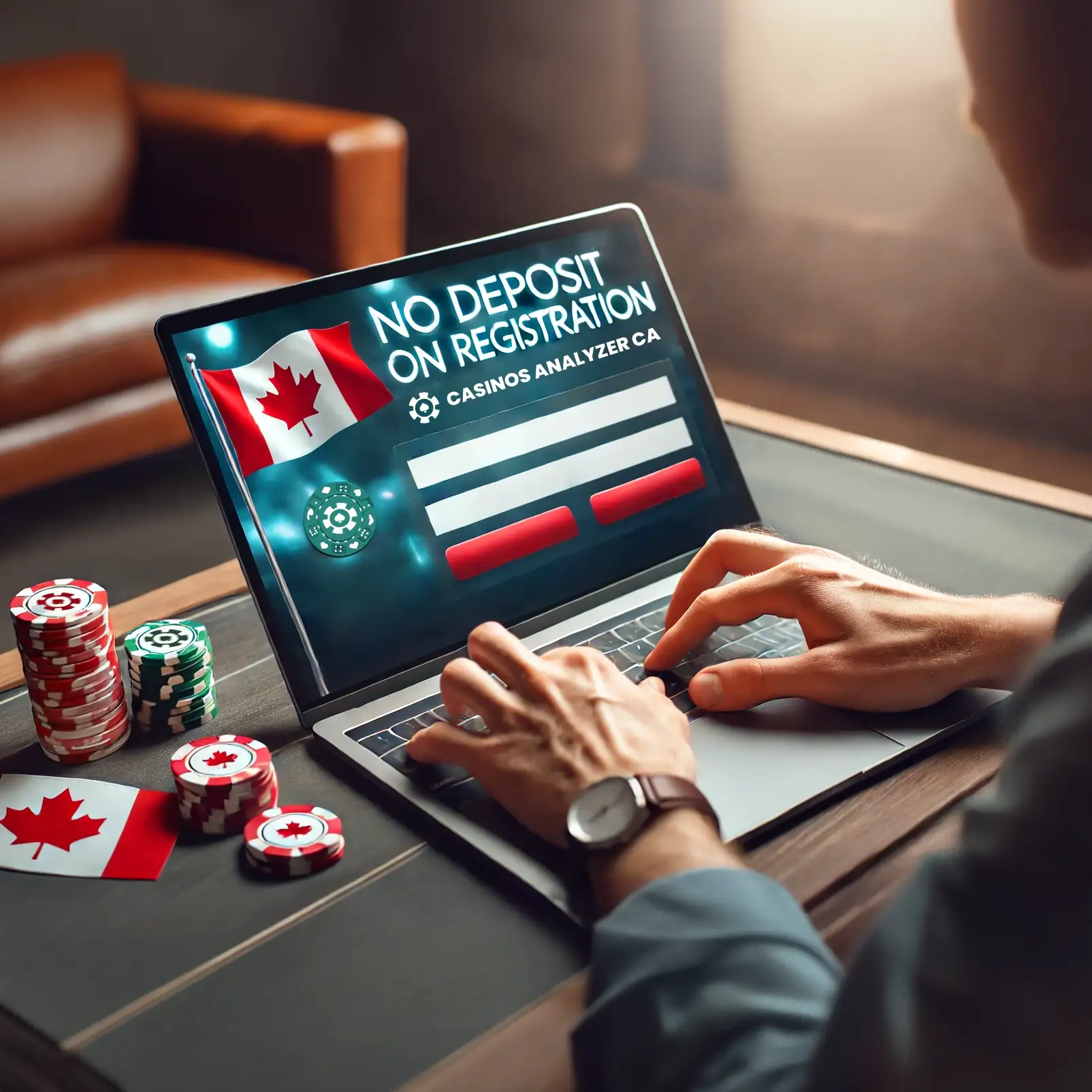 Player completing No Deposit Bonus on Registration form with Canadian casino background