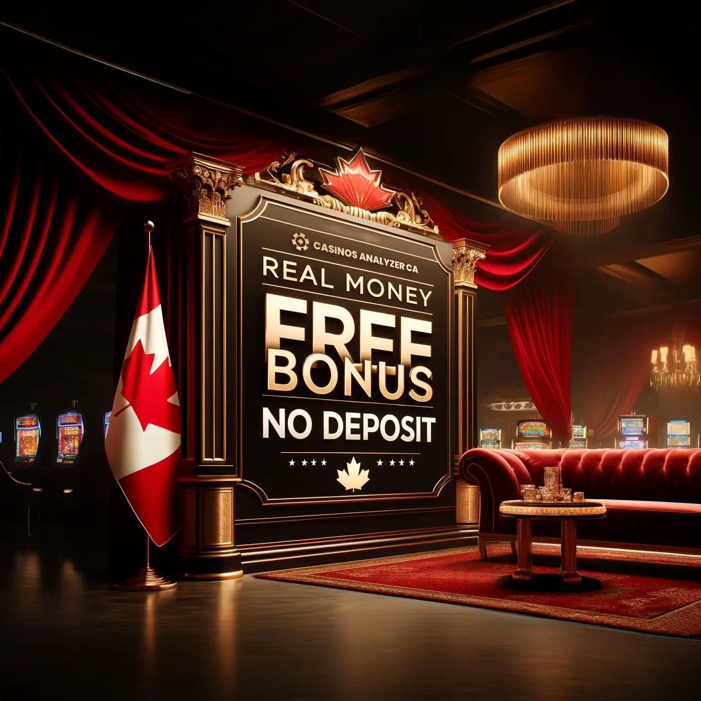 Banner showing Real Money Casino Free Bonus No Deposit with Canadian flag in casino