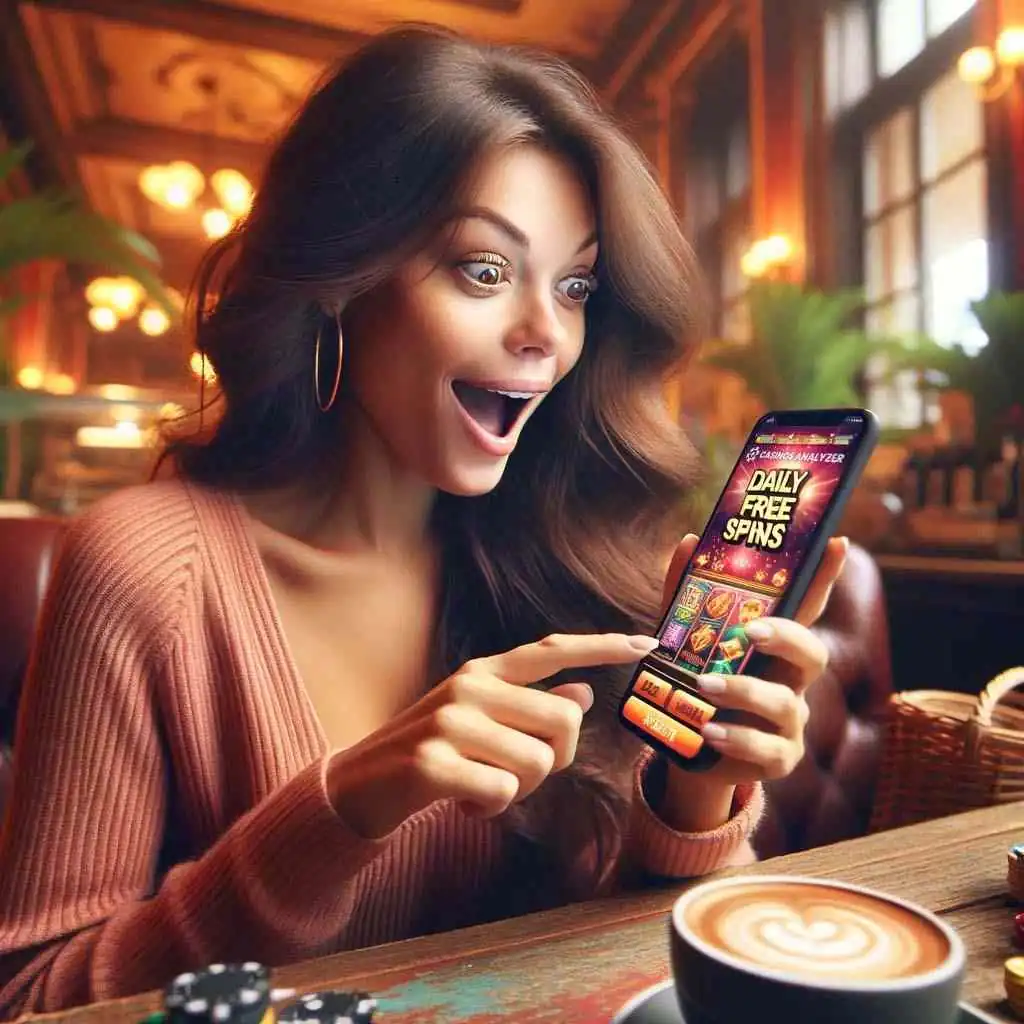 Cheerful woman gets daily free spins from casinos analyzer
