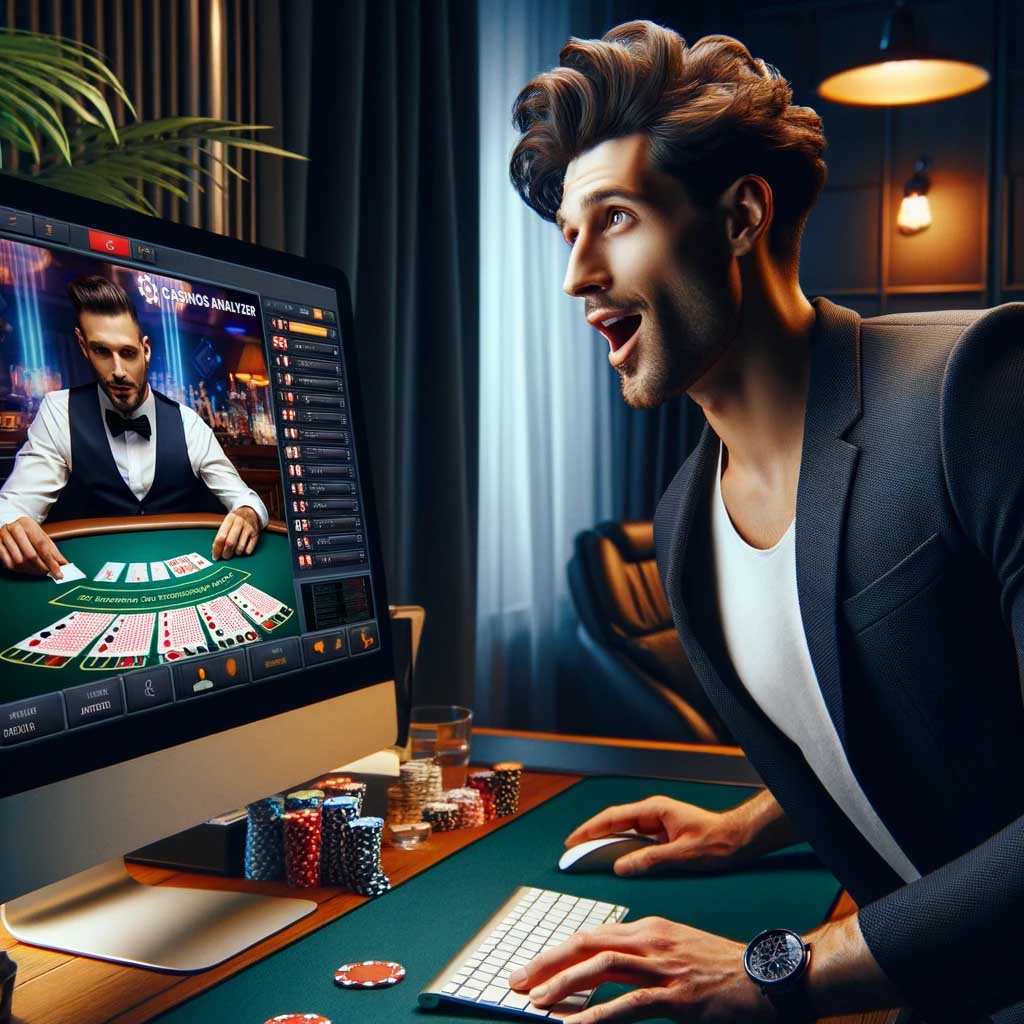 Surprized man gets live casino no deposit bonus from casinos analyzer