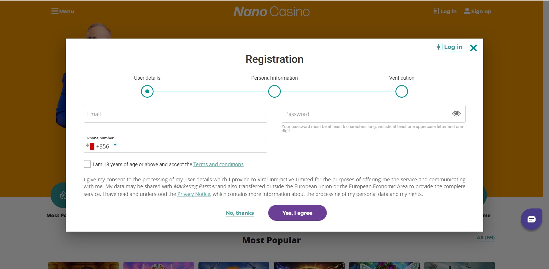 Nano casino first screen