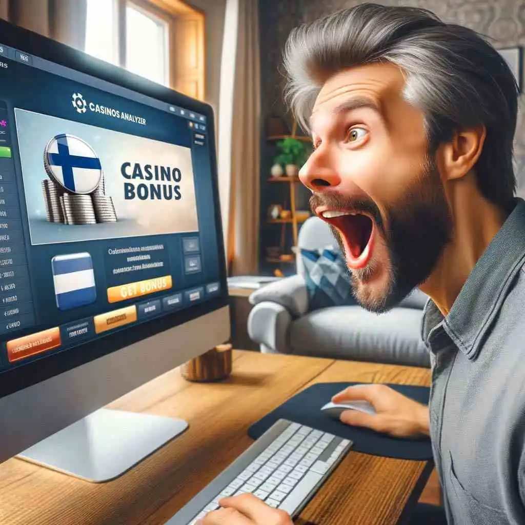 Joyful man gets free spins no deposit Finland bonuses from casinos analyzer