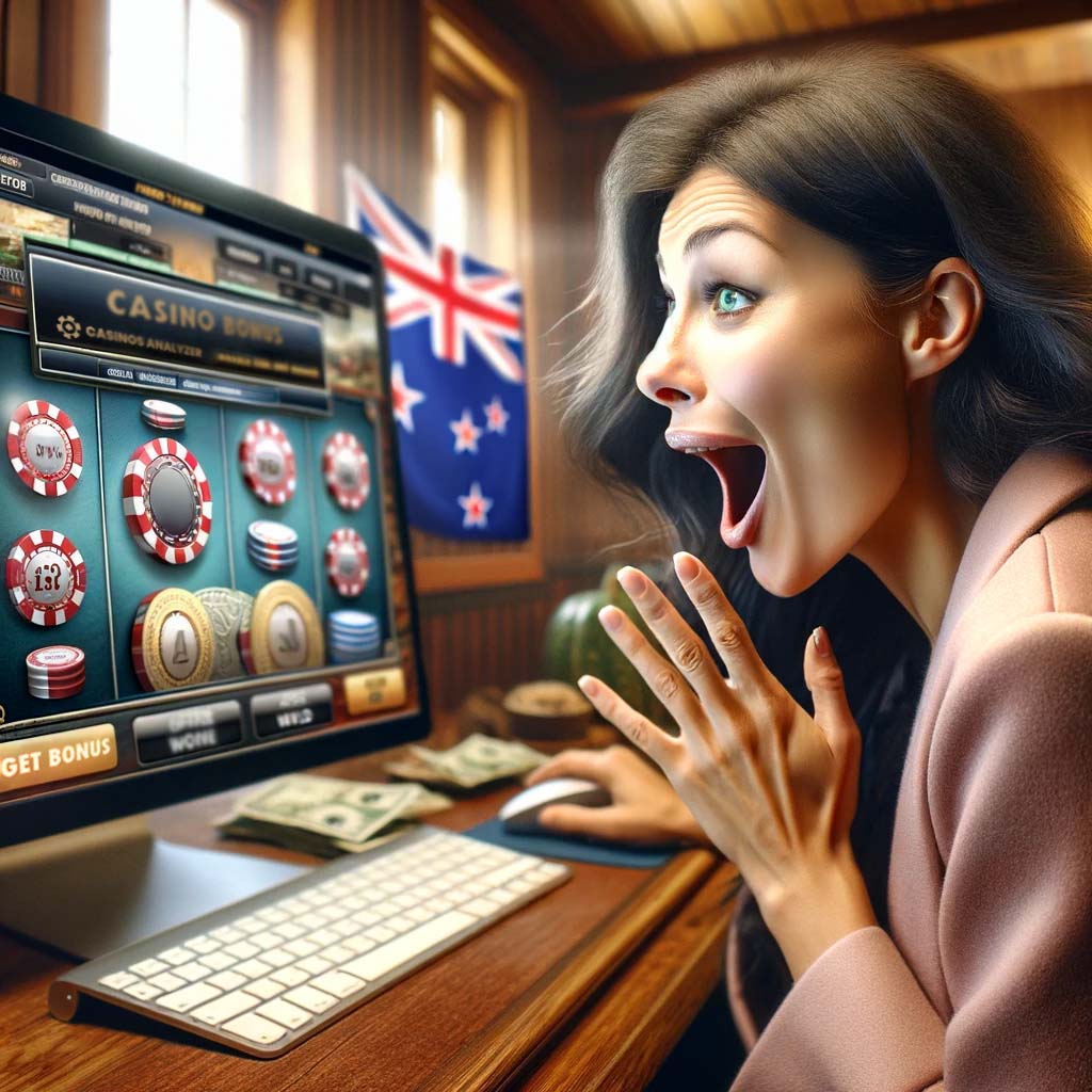 Surprized woman gets no deposit bonus NZ from casinos analyzer