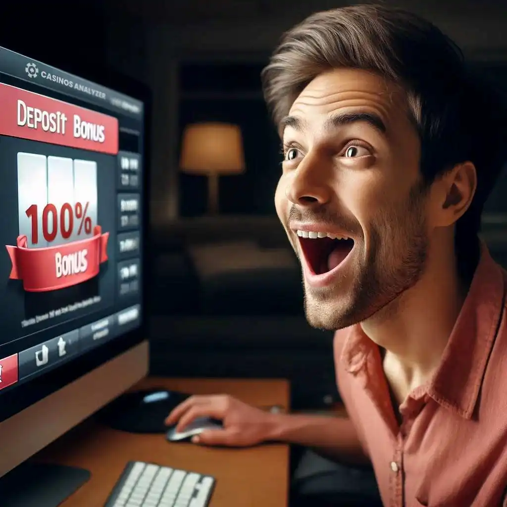 Lucky gambler finally finds on casinos analyzer 100% deposit bonus on casino games he loves.