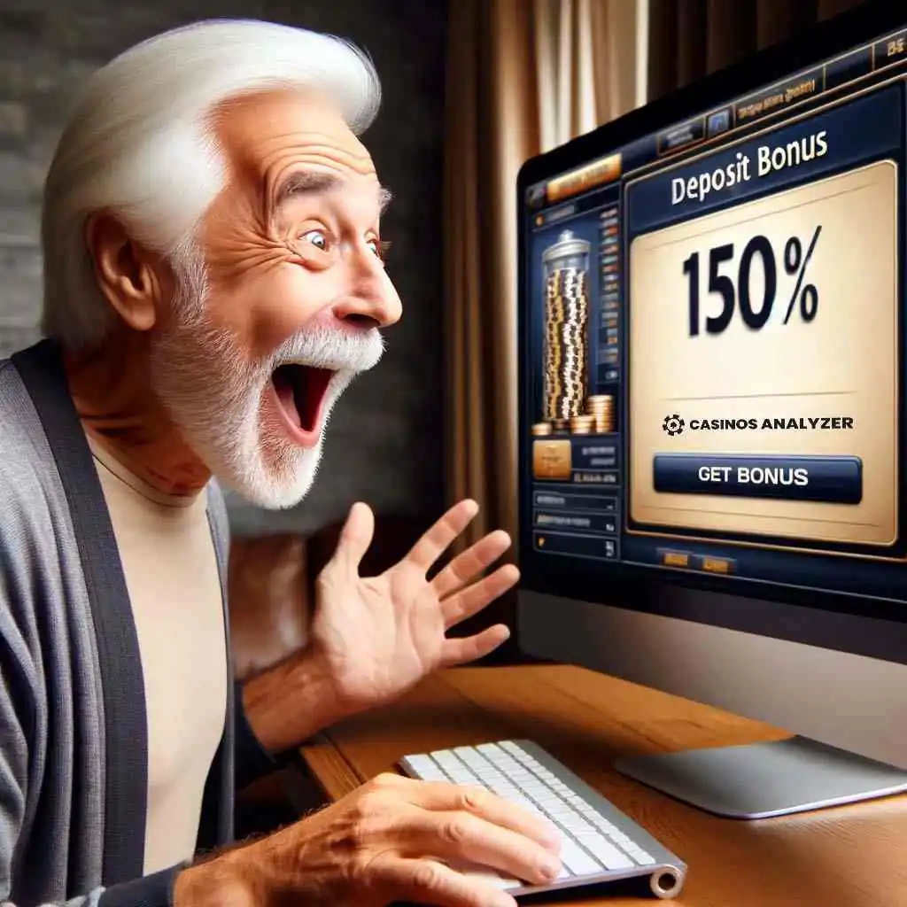 Senior male is happy to find promotion as big as 150% casino bonus on casinos analyzer
