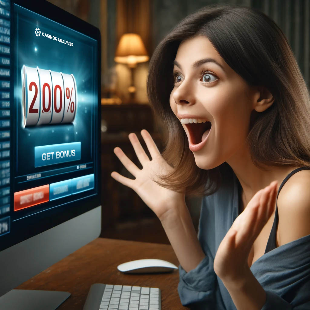Young lady enjoys 200% casino bonus offered on casinos analyzer