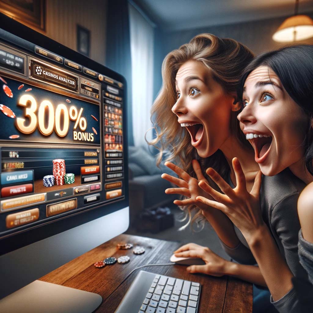 Female friends are excited claiming 300% casino bonus casino on casinos analyzer