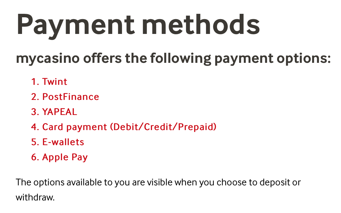 MyCasino payment methods