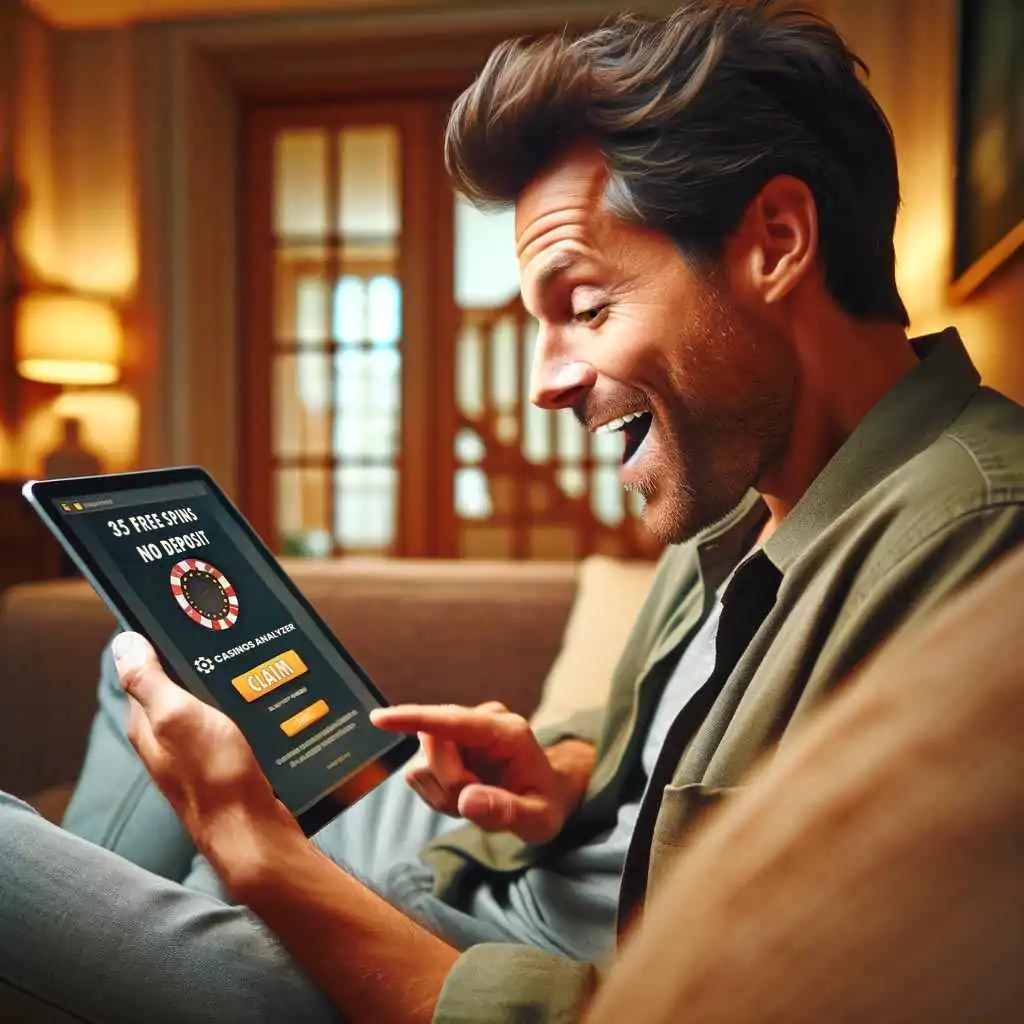 Surprized man gets 35 free spins no deposit from casinos analyzer