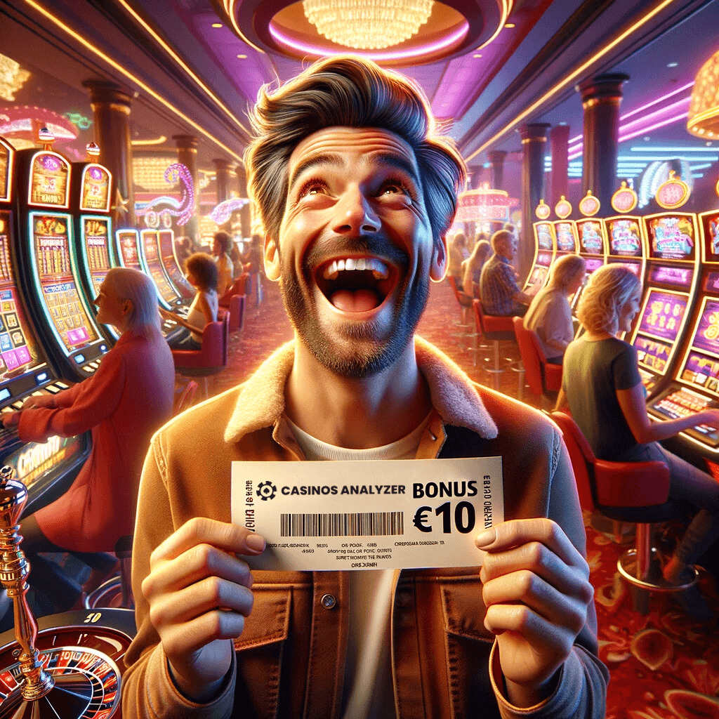 Surprized man gets 10€ no deposit bonus from casinos analyzer
