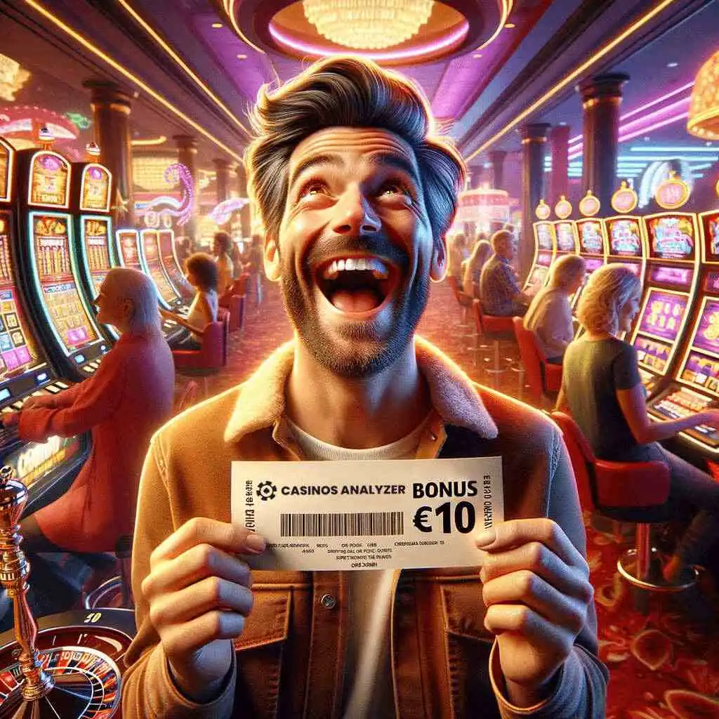 Surprized man gets 10€ no deposit bonus from casinos analyzer