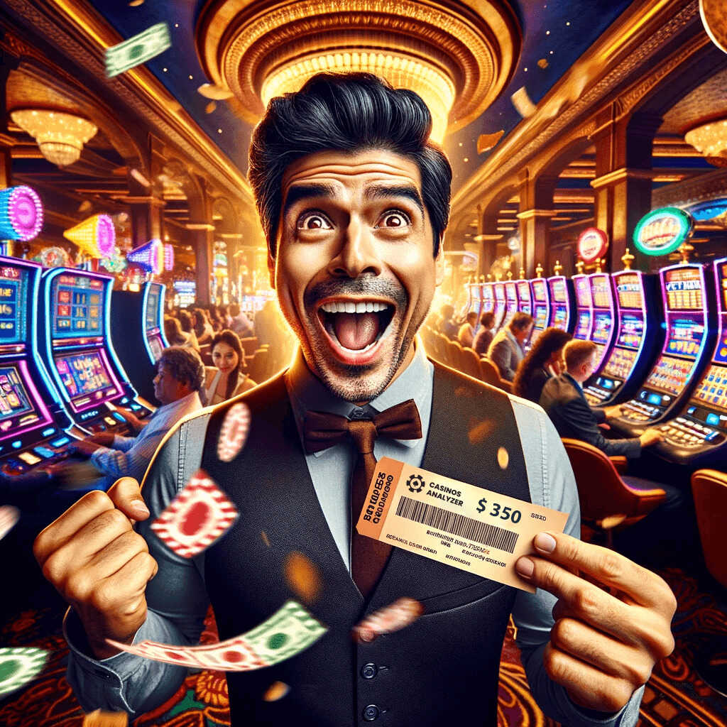 Cheerful man gets 0 free chip from casinos analyzer