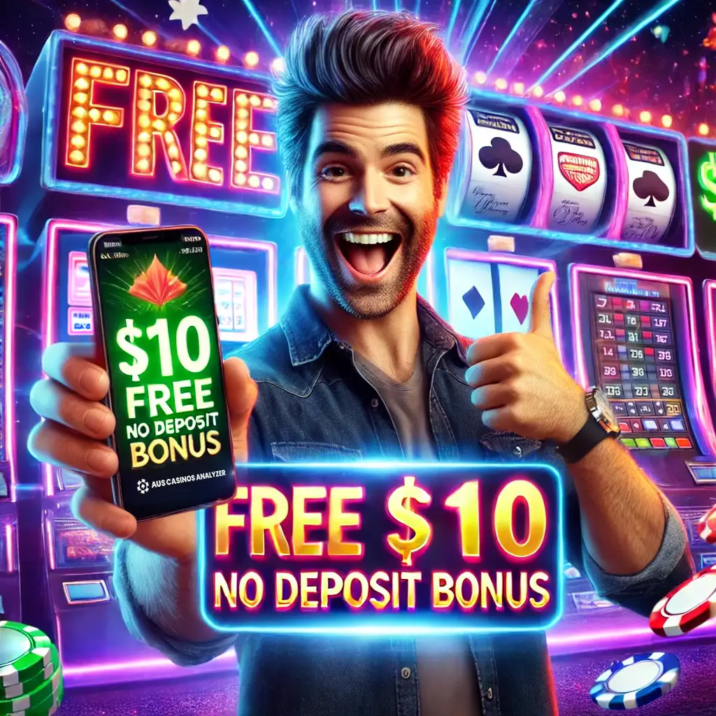 Excited man holding phone showing 10dol Free Sign Up Pokies bonus