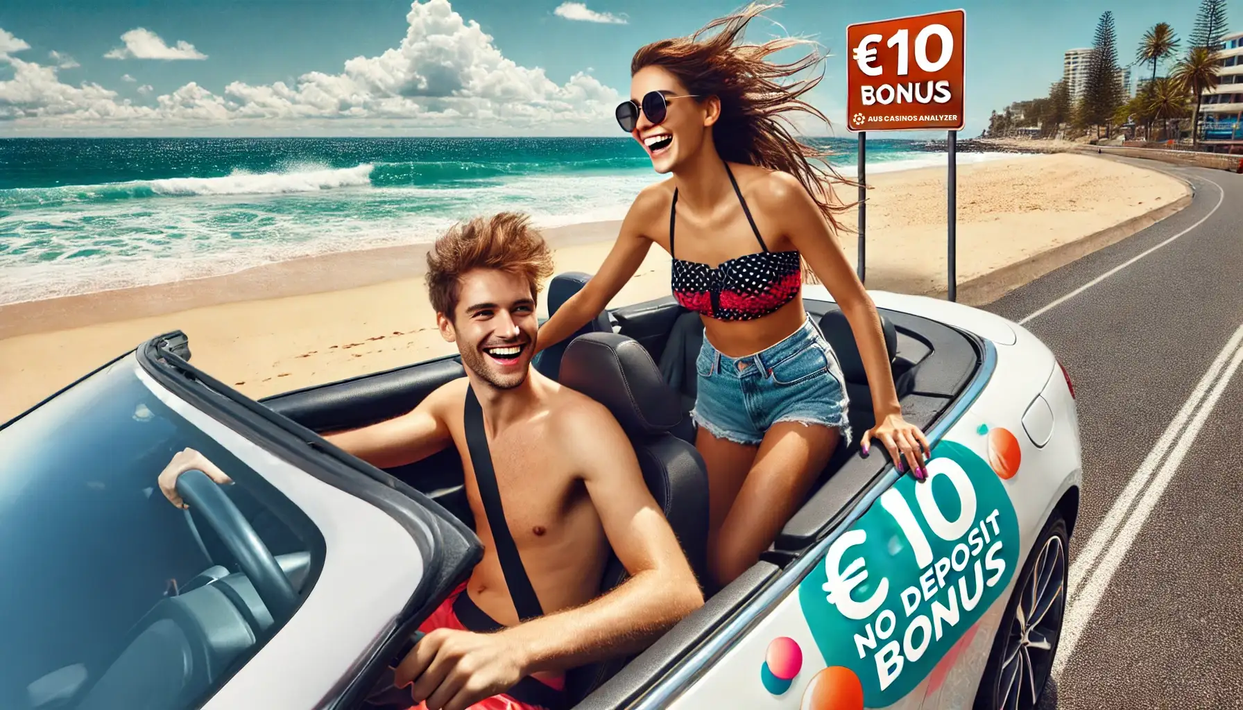 Happy couple driving by the beach with a 10€ no deposit bonus sign