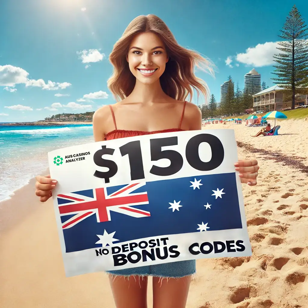 Woman holds sign displaying casino 0 no deposit bonus codes on an Australian beach