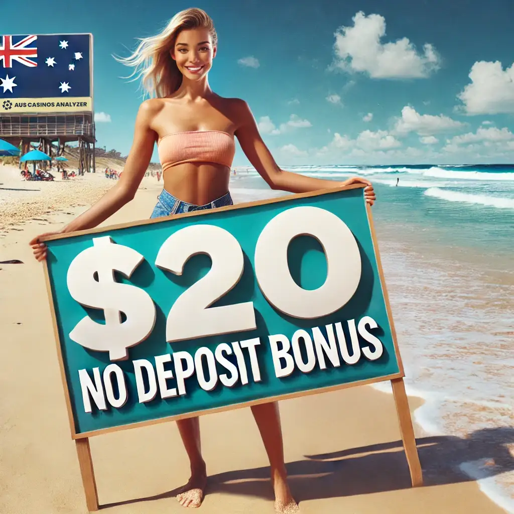 Woman smiles while advertising  no deposit bonus Australia on the beach