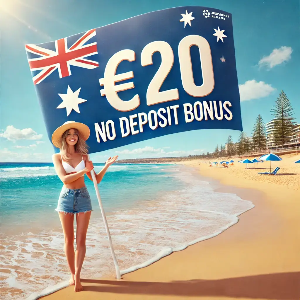 Woman with 20€ no deposit bonus sign at sunny beach for Australian players