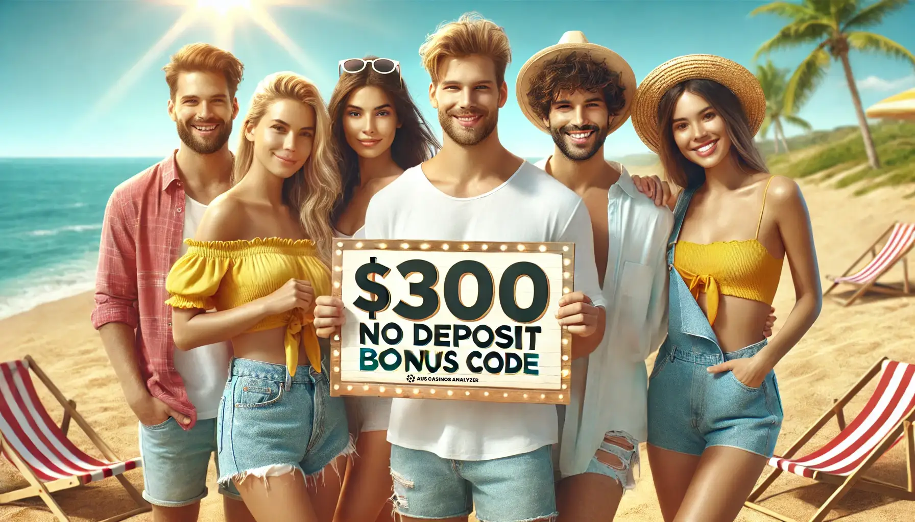 Group of happy friends on beach offer 0 free chip Australia