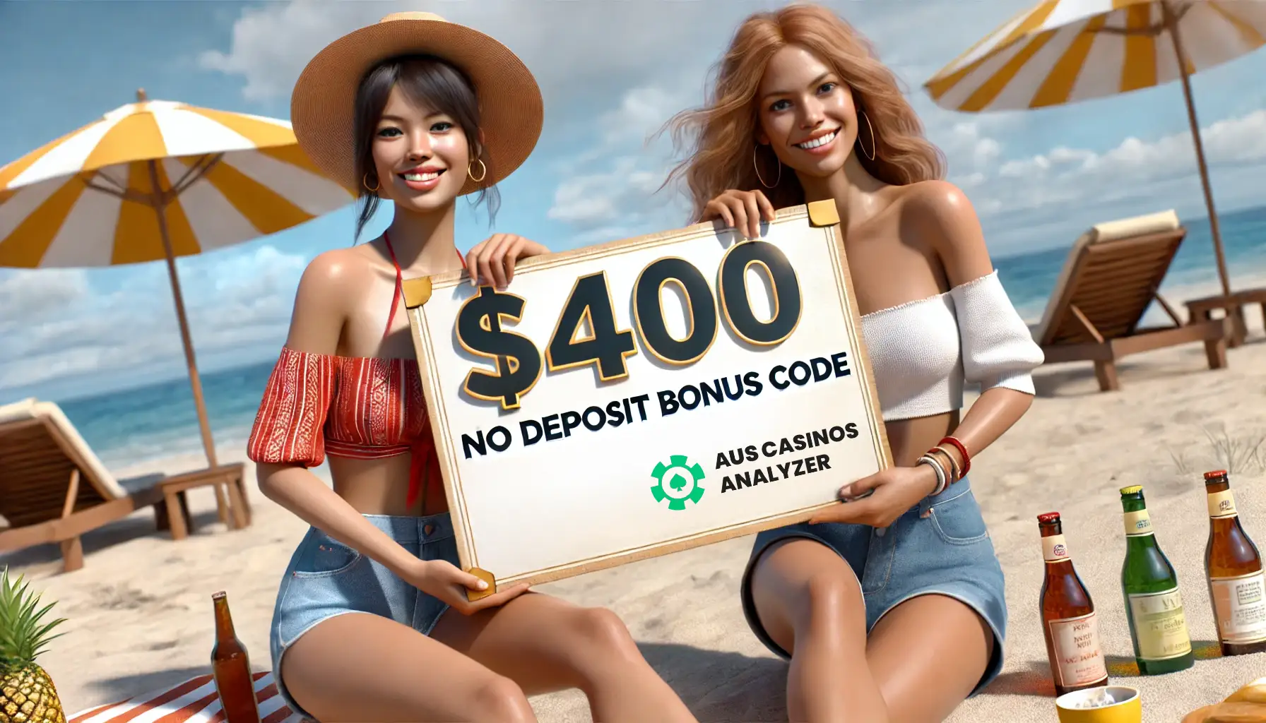 400$ free chip no deposit offer displayed by two smiling women at the beach