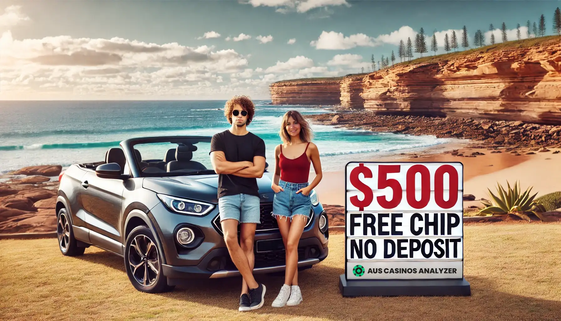 Couple by convertible car with 0 free chip no deposit Australia