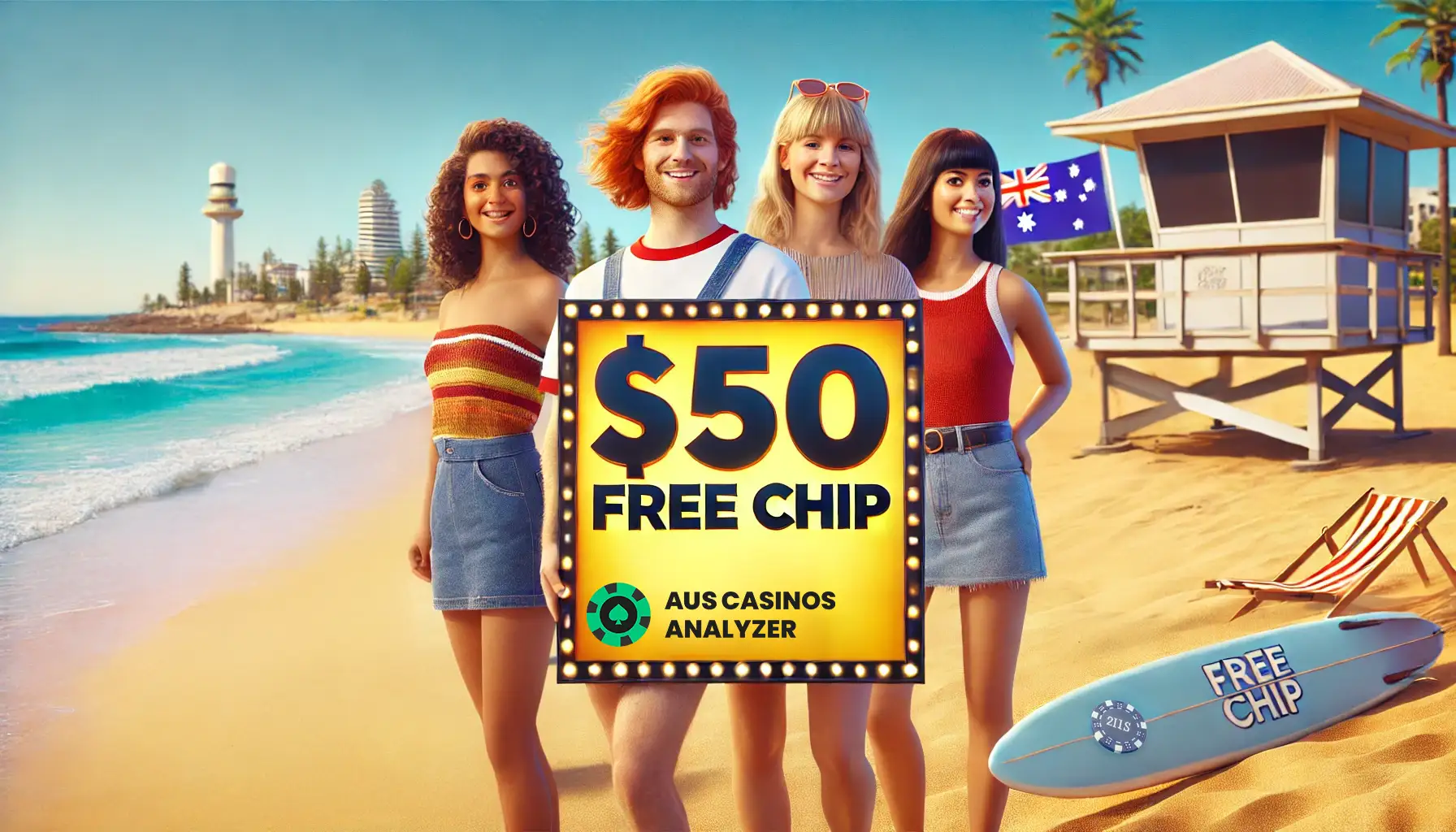 Friends on Aus beach holding free  pokies no deposit sign up bonus sign