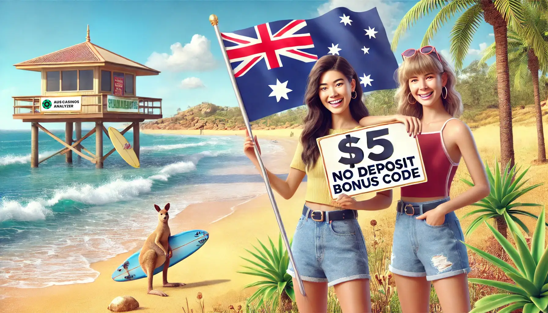 Happy women holding  no deposit bonus at an Australian beach