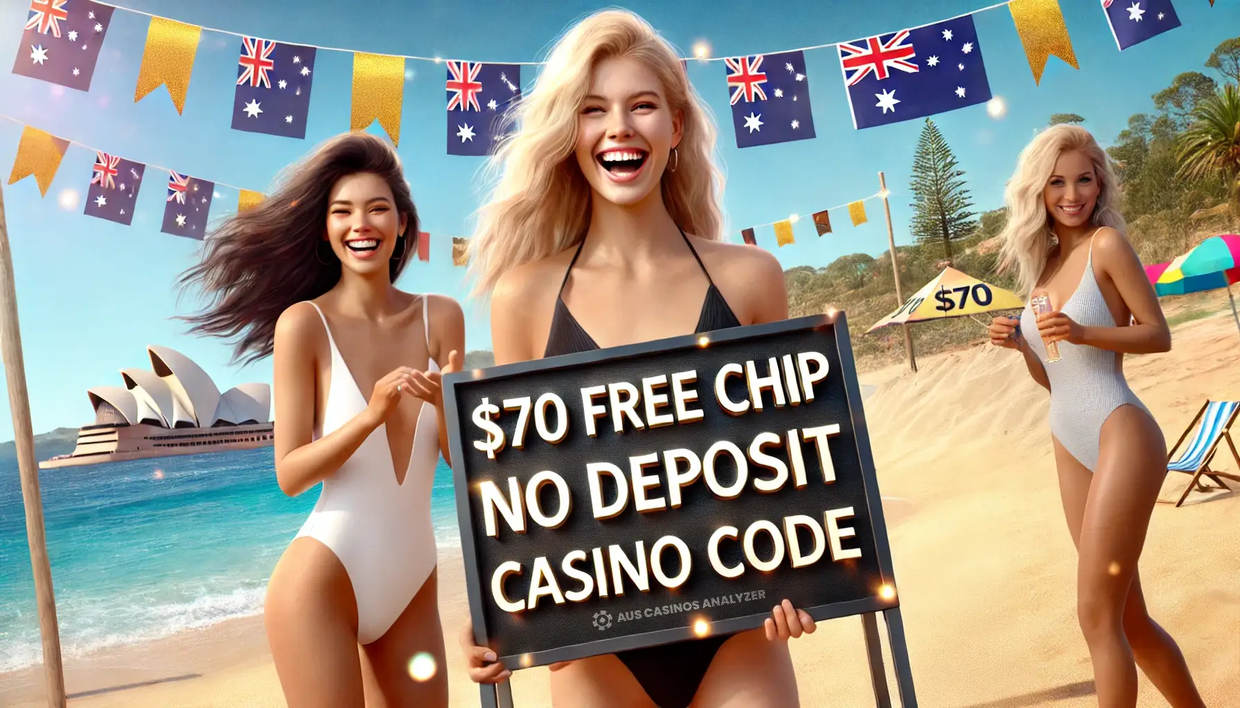 Smiling women at the beach with AusCasinosAnalyzer's 70$ no deposit casino bonus