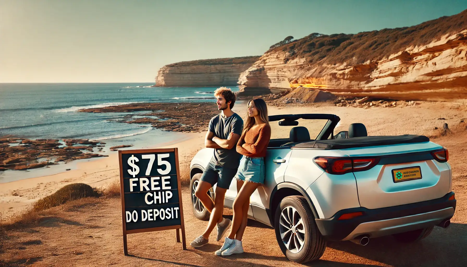 Couple standing next to a car with  free chip no deposit australia