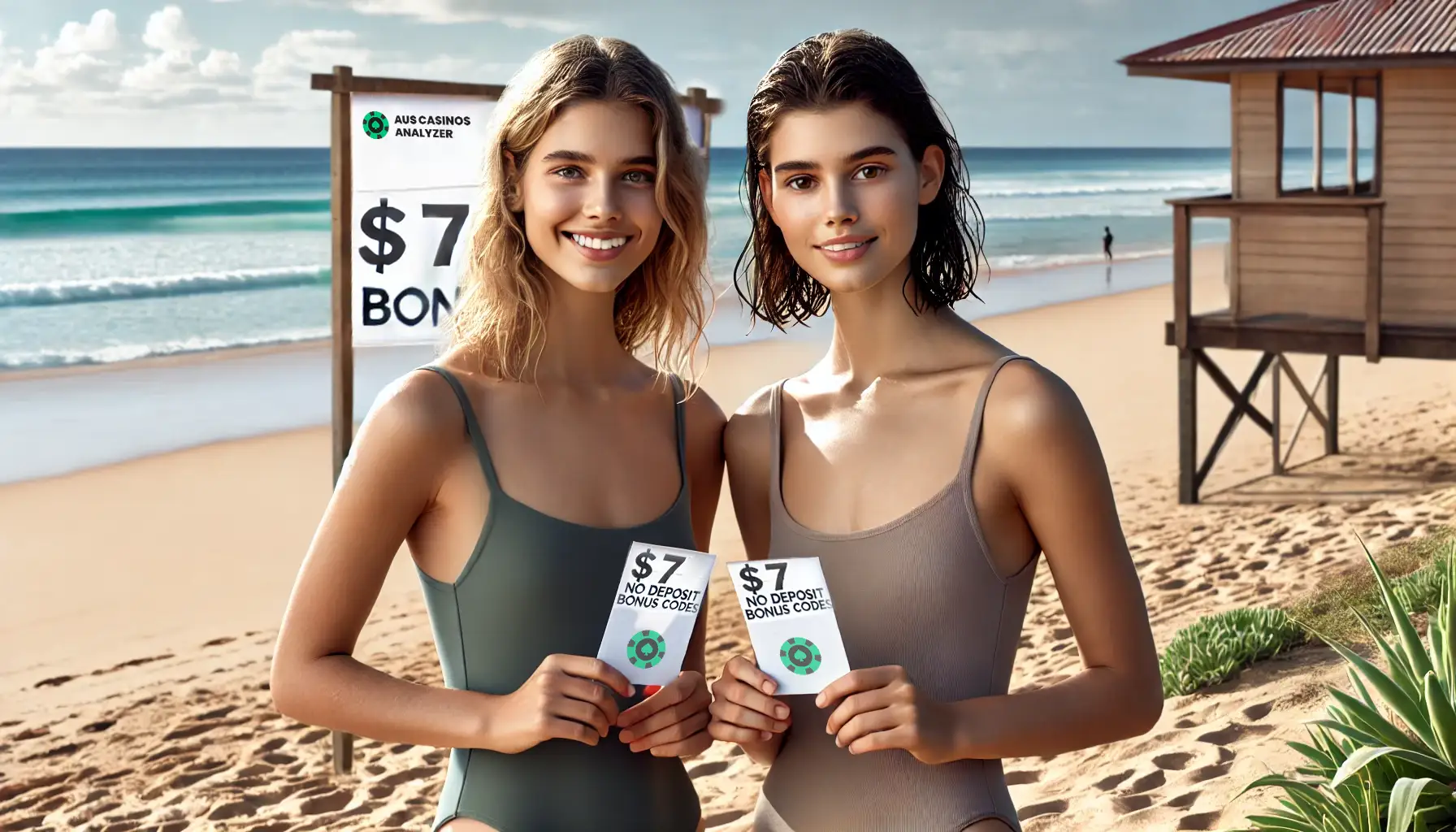 Women holding 7$ no deposit casino bonus cards while standing on the beach