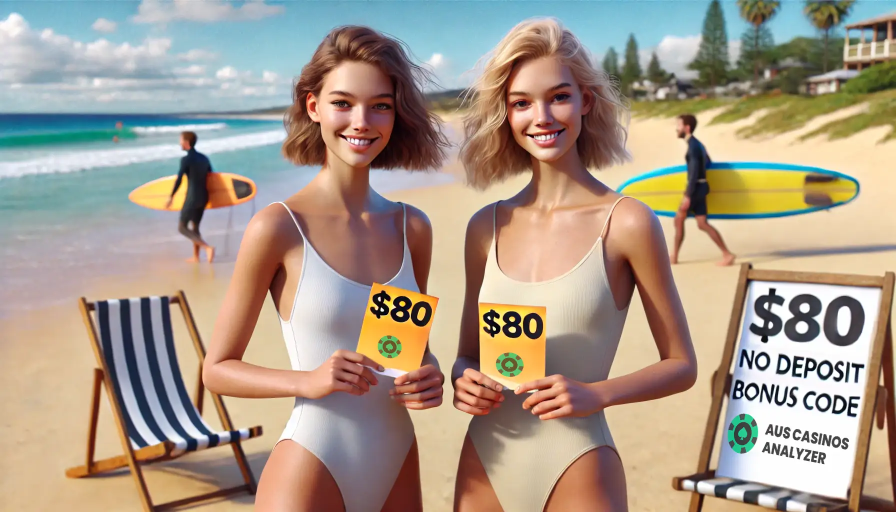 Smiling ladies with 80 free chip no deposit from ausscasinosanalyzer on a sunny beach