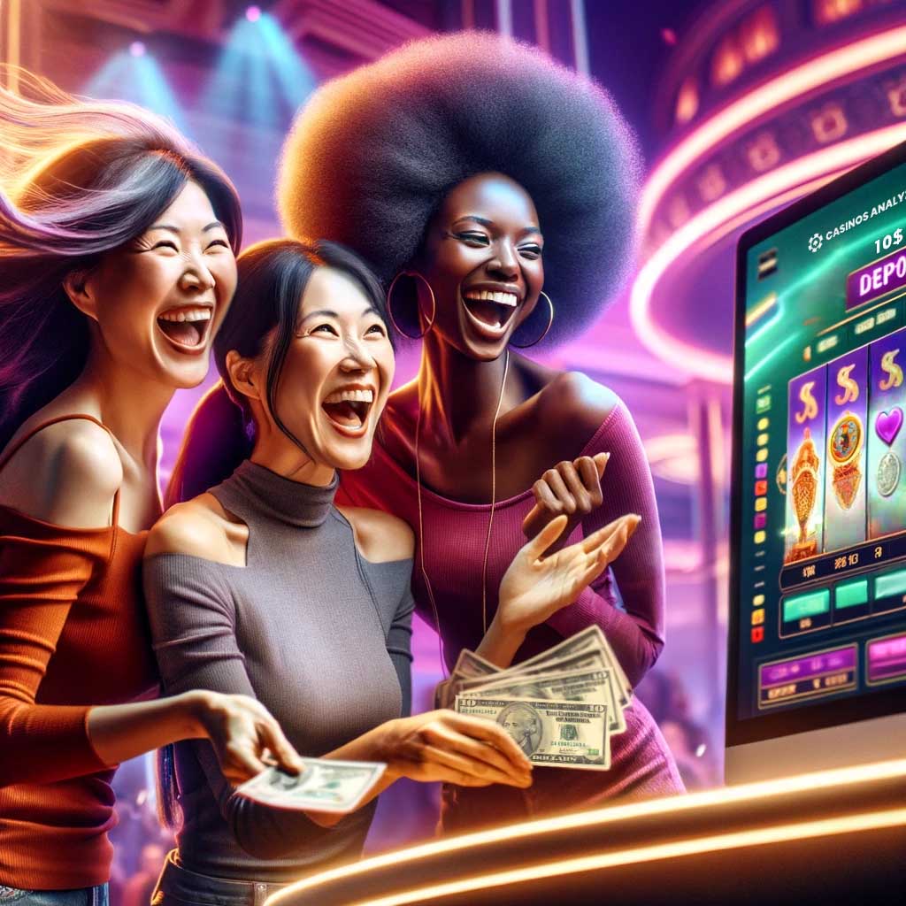 Friends in  deposit casino having fun using bonus from casinos analyzer 