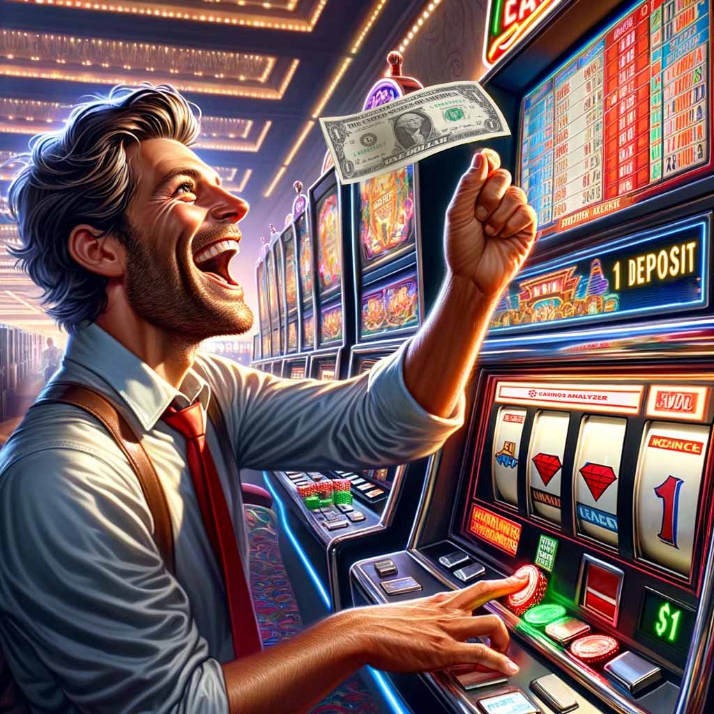 Excited man is ready to start playing  deposit casino slots with casinos analyzer bonus