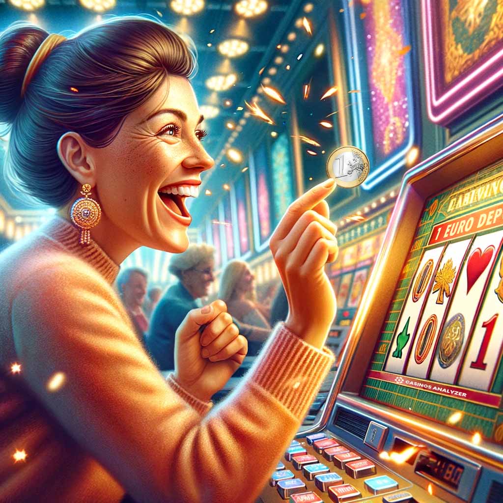 Excited lady is ready to start playing 1 euro deposit casino slots with casinos analyzer bonus