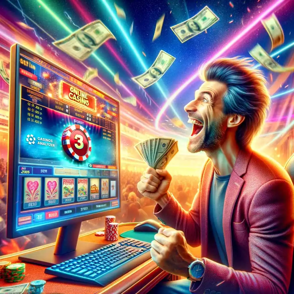 Man is happy to win in  deposit casino with bonus from casinos analyzer 