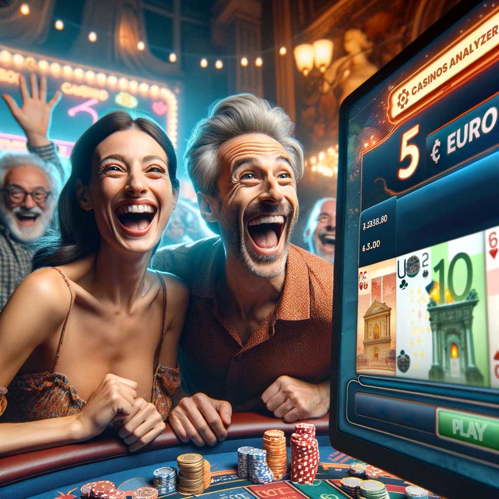 Couple show their winnings in 5 euro deposit casino with casinos analyzer bonus