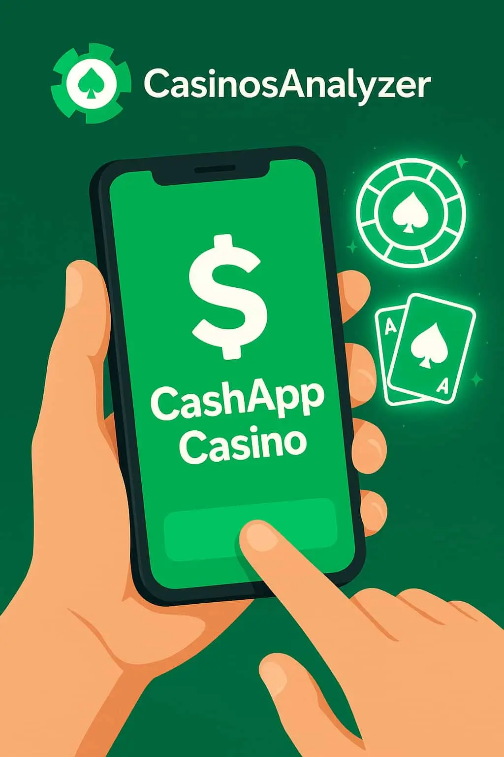 Illustration showing a smartphone with the Cash App interface used for online casino payments, alongside casino chip icons.