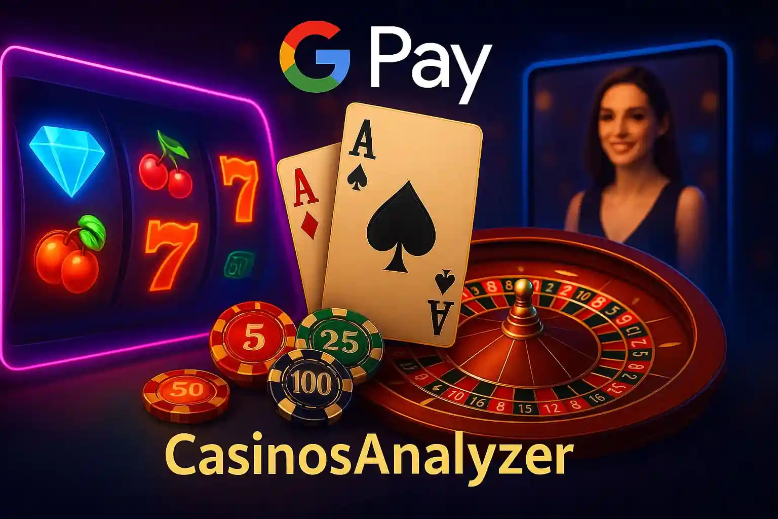 Composition illustrating popular online casino games available, including a modern slot reel, Blackjack cards with casino chips, a Roulette wheel in motion, and an element representing the live dealer casino experience.