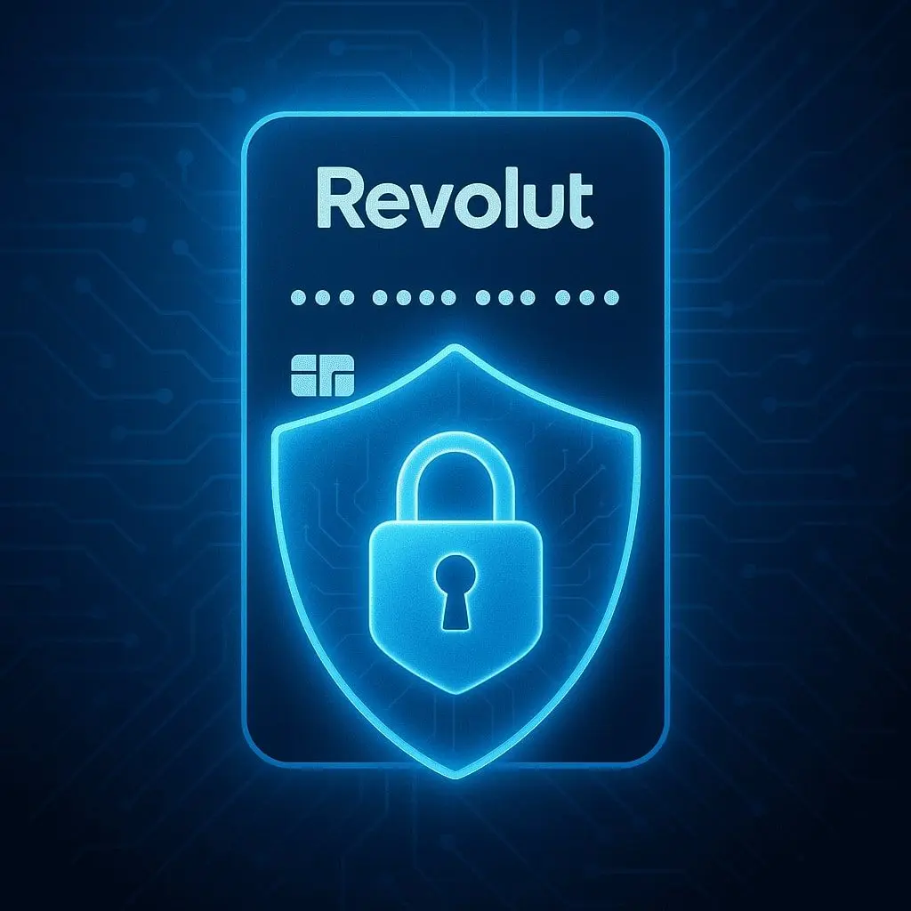 Symbolic image of transaction security at a Revolut casino: a Revolut virtual card protected by a digital shield.