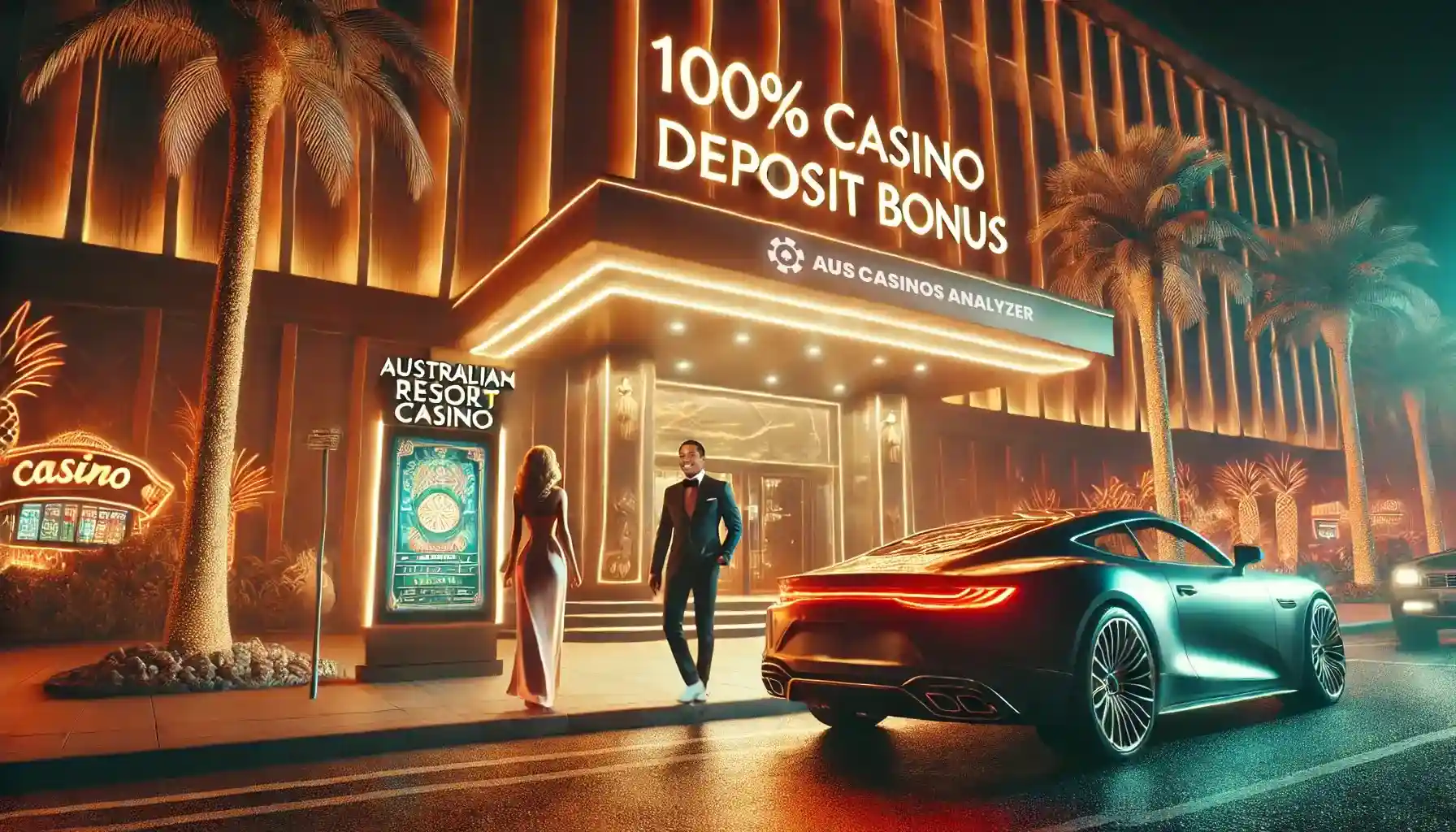 Nighttime 100% Deposit Bonus offer at Australian Resort Casino by AusCasinosAnalyzer with elegant atmosphere