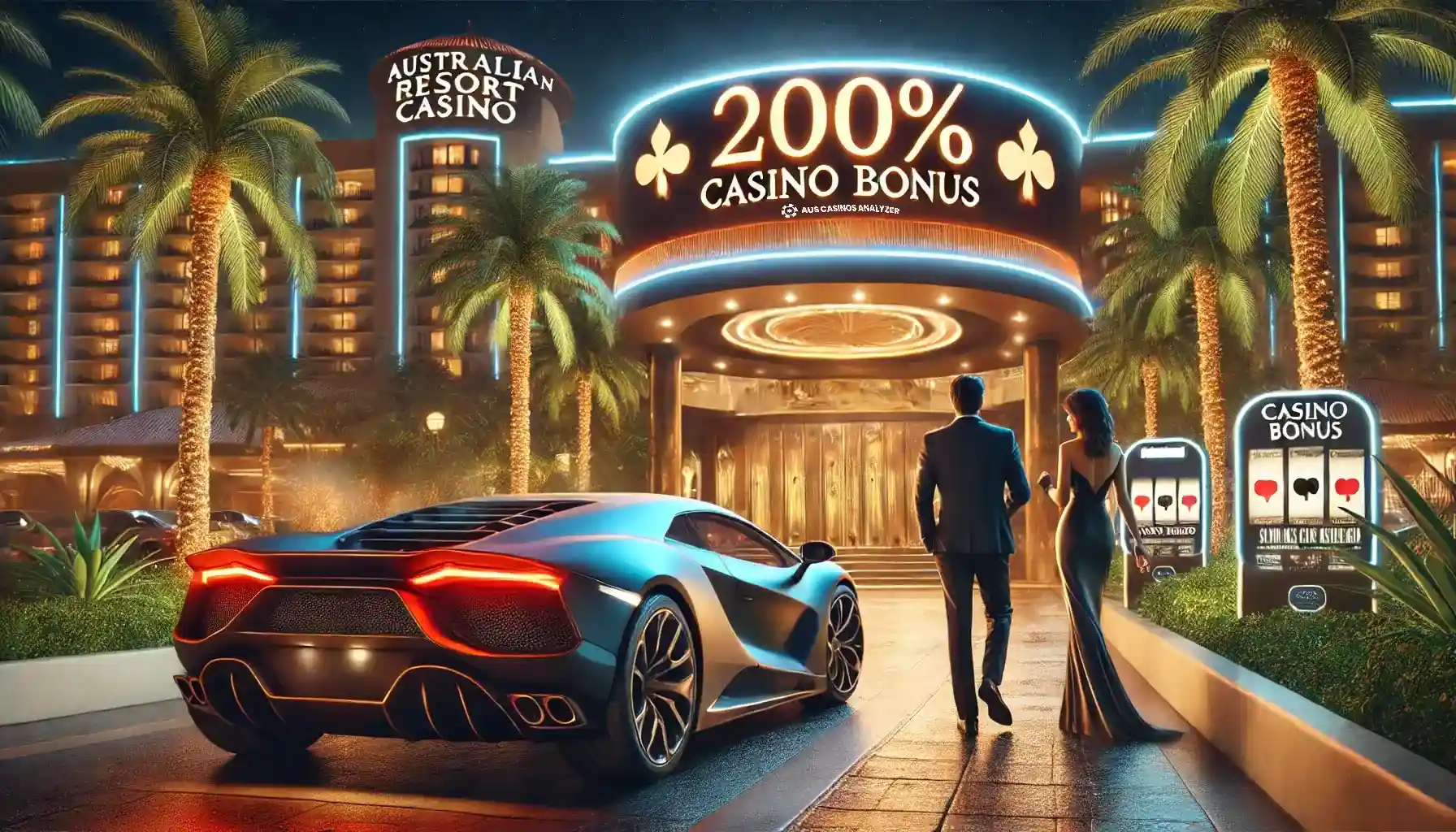 Magnificent Aus 200% Casino Bonus resort with luxury sports car and couple approaching the entrance