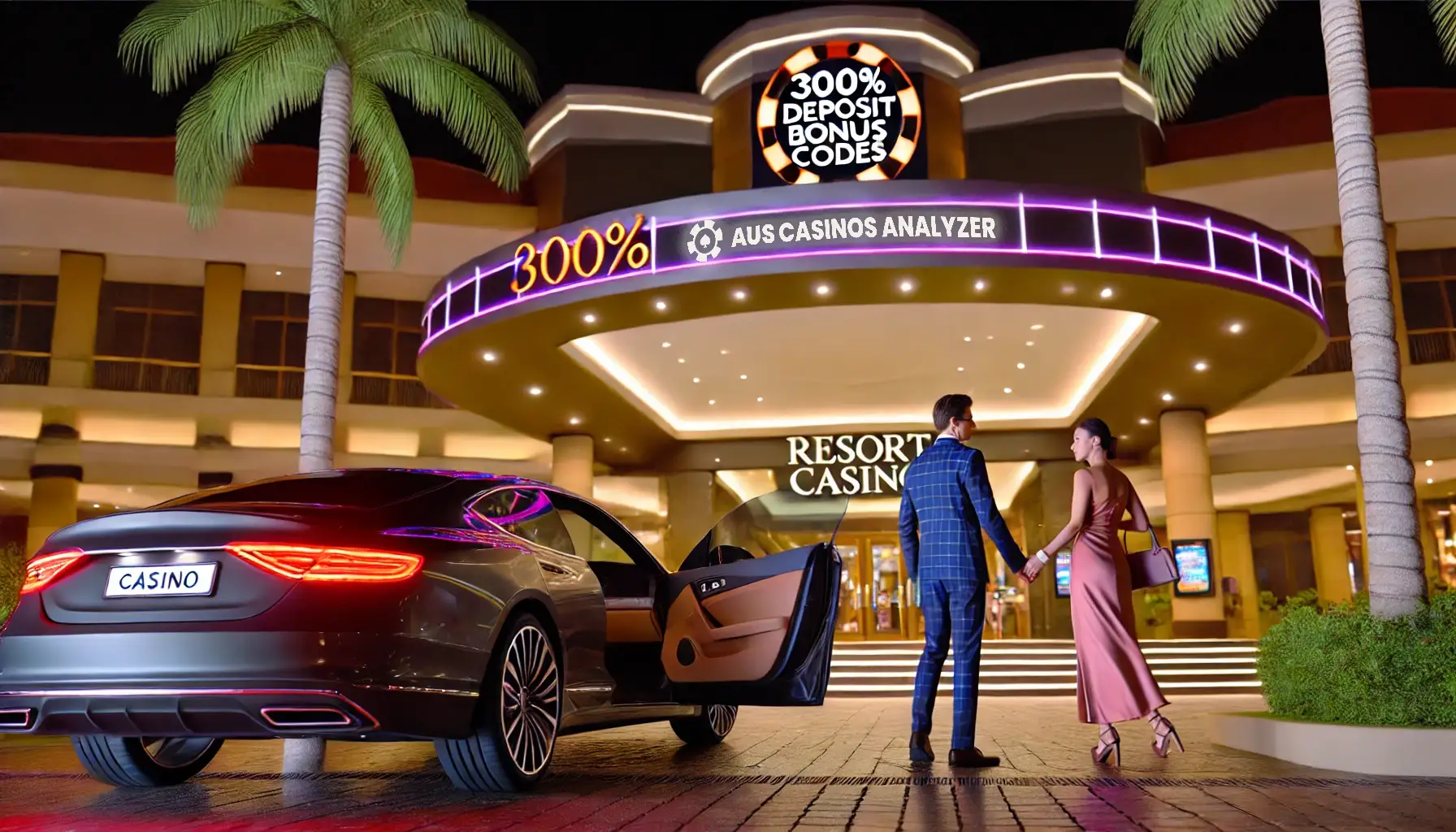 Elegant Australian 300% Deposit Bonus Codes resort casino entrance with a luxury car and couple