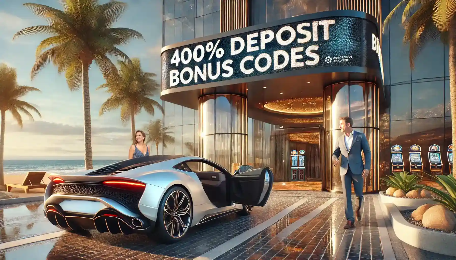 Stylish Australian 400% Deposit Bonus Codes casino with luxury sports car and beachside atmosphere