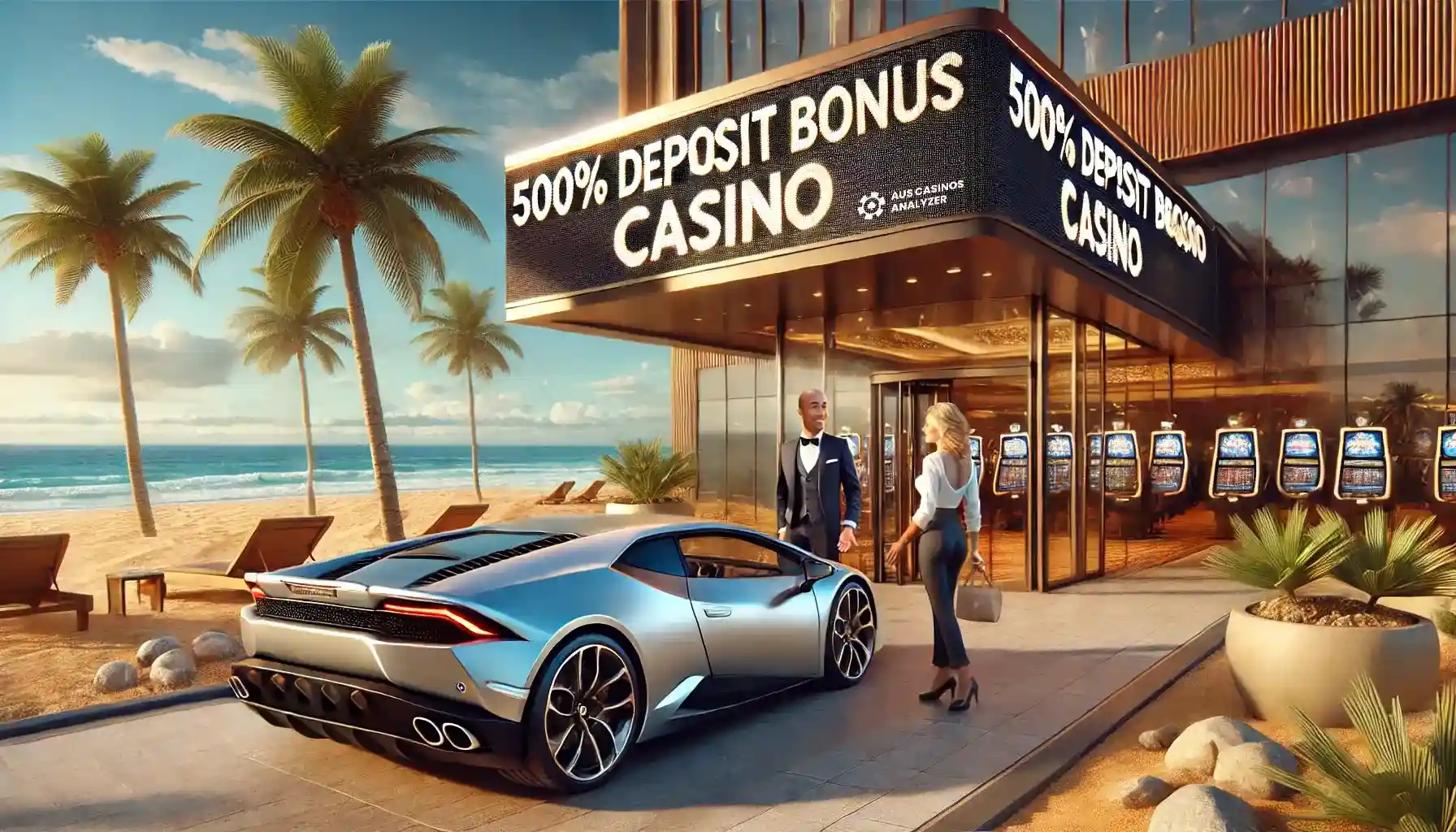 Elegant 500% Deposit Bonus Casino with a sports car parked outside and ocean views