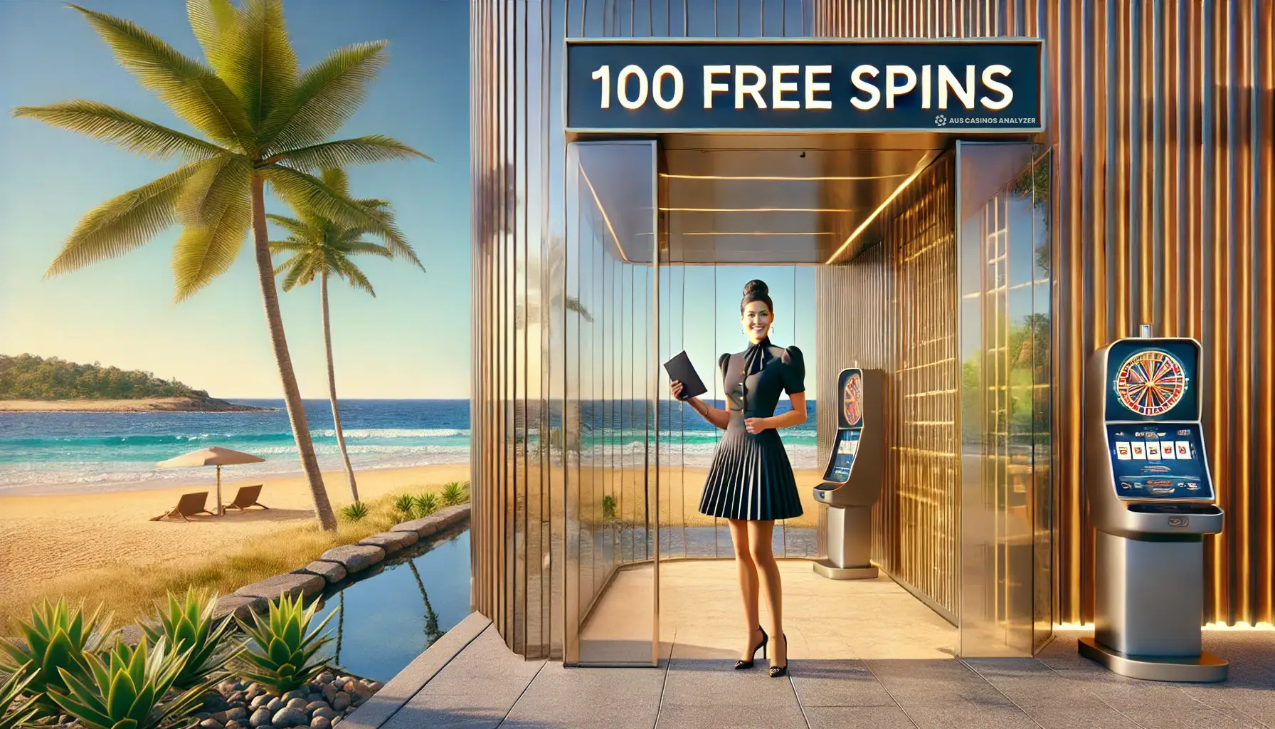 Coastal casino showcasing 100 Free Spins No Deposit Australia with a welcoming aussie girl