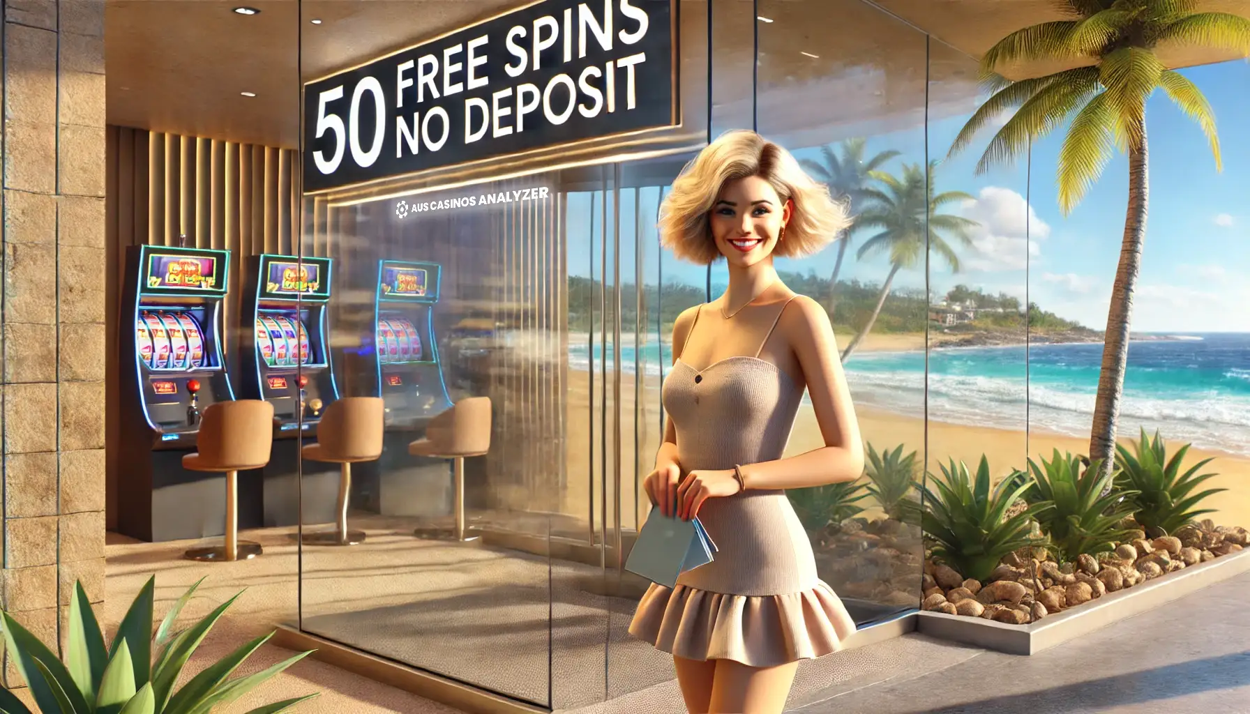 50 Free Spins No Deposit Australia promotion at a beachfront casino with a friendly hostess