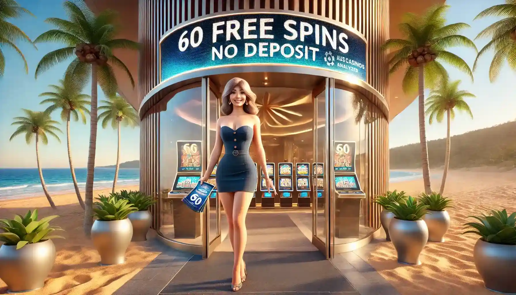 Aussie woman at a beachside casino entrance offering 60 Free Spins No Deposit