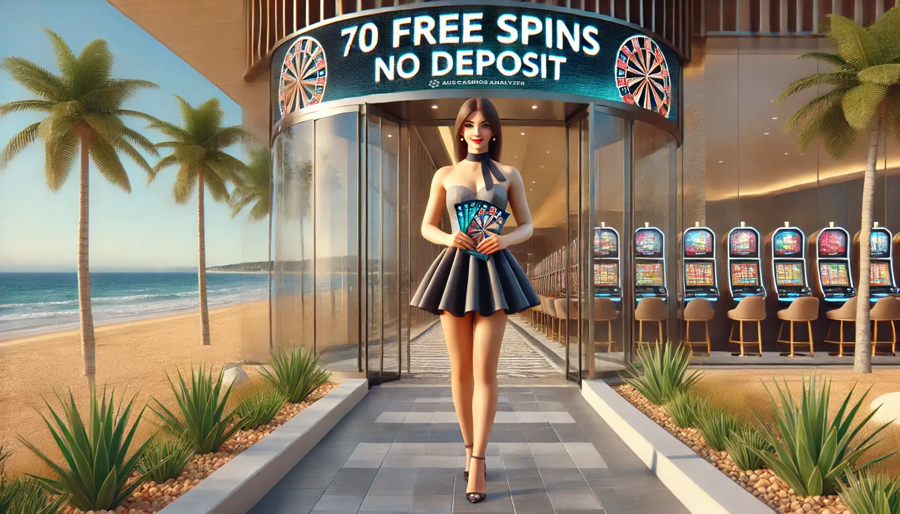 Woman welcoming guests at a beachside casino offering 70 Free Spins No Deposit