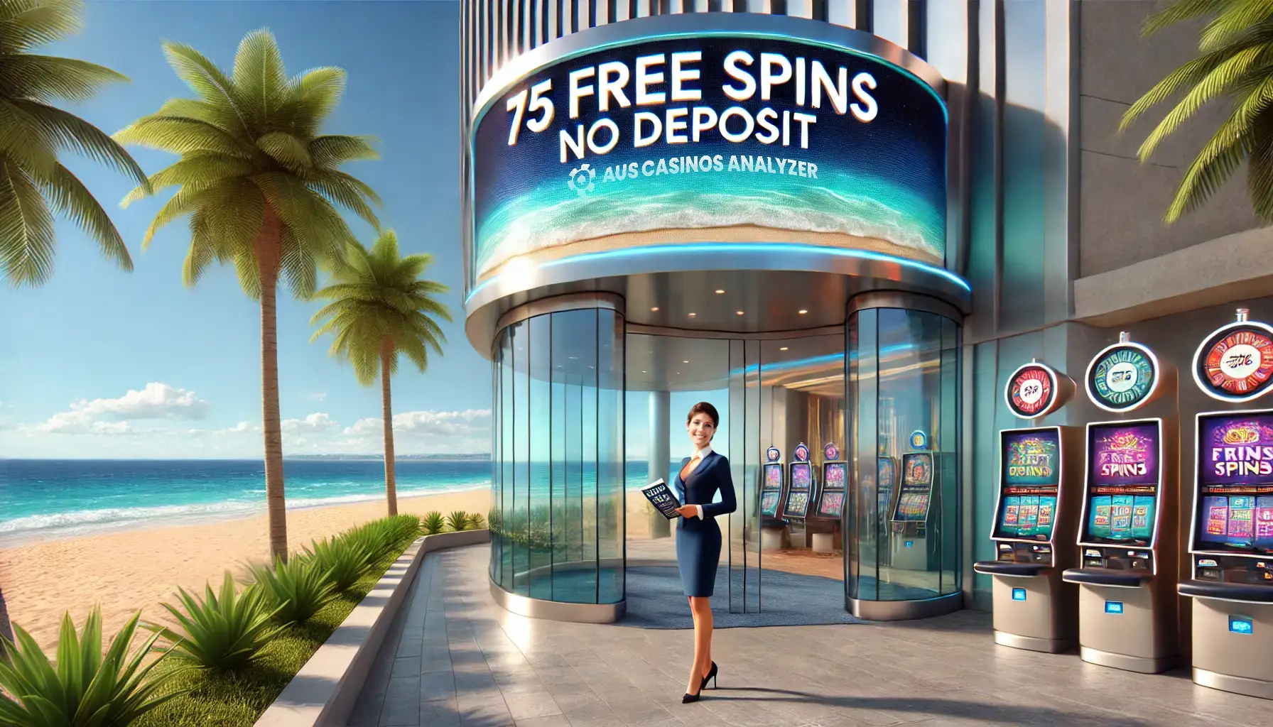 75 Free Spins Bonus Codes Australia displayed outside a beachfront casino entrance